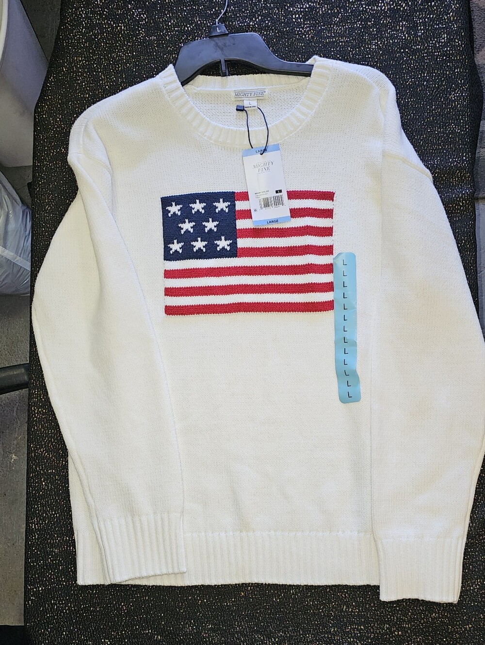 Mighty Fine White Crewneck Sweater with Flag Design